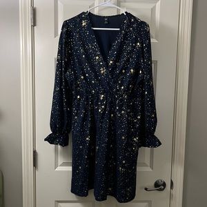 Gold galaxy print flounce sleeve dress